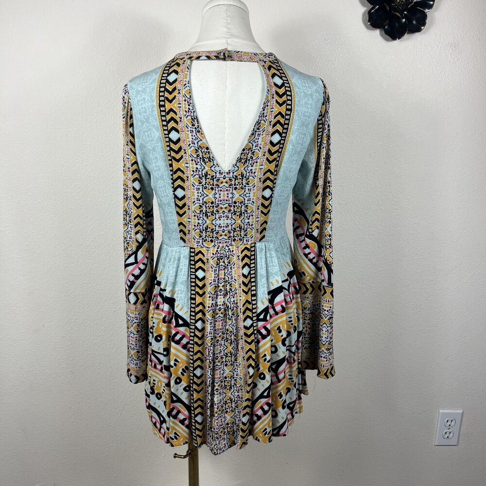 Free People Dress Womens 2 Multicolor Geometric Tegan Border Print Mini Boho - Picture 2 of 11